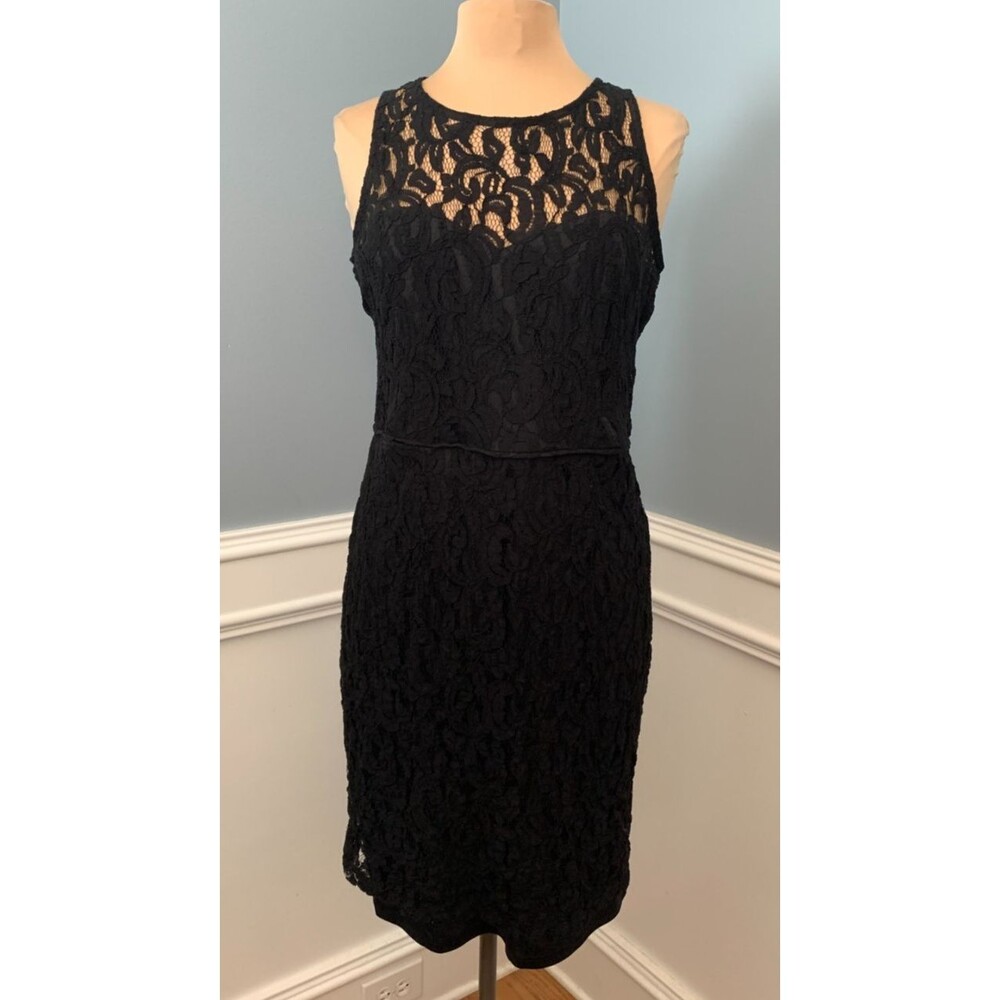 Marina Dress Womens 14 Sleeveless Black Lace Overlay Sheath Tank Keyhole Midi